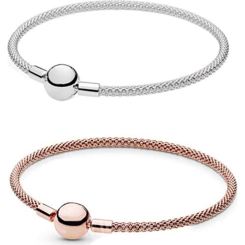Classic High Quality 100% 925 Silver Rose Gold Simple Weave, Moments Bracelet DIY Charm Beads Original Women Jewelry Luxury Gift