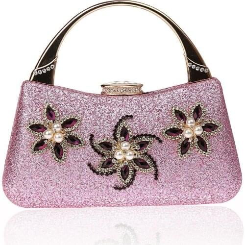 Women Luxury Evening Bags Wedding Party Pearl Flower Bride Handbag Crossbody Velour Hard Box Clutch Crystal Diamond Chain WY147