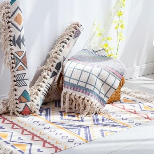 Retro Boho Ethnic Style Hand Woven Cotton Linen Tassels Stripe Area Rugs Geometric Carpets Bedroom Non-Slip Morocco Door Mat