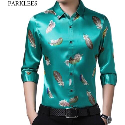 Feather Print Blue Silk Satin Shirt Men 2020 Brand New Slim Fit Long Sleeve Mens Dress Shirts Casual Smooth Male Tuxedo Shirt