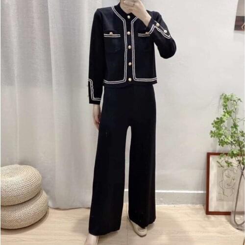 2021 New Simple Basic Knitted Tops Single Breasted Cardigan+Wide Legs Pants Two Piece Sets Autumn Knitting Sweater Suits