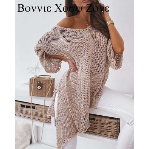 Three Quarter Length Rib-knit Solid Color Drop Shoulder Open Knit Sweater Casual Loose Top