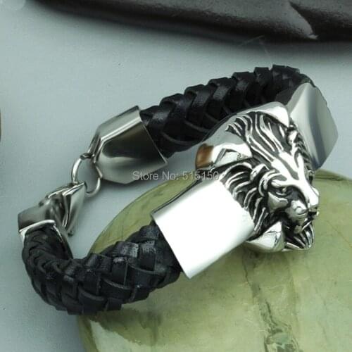 High Quality Lowest Price 2014 New Charming Mens Leather Stainless Steel Lion Clasp Bracelet, Wrap Bangle, Black