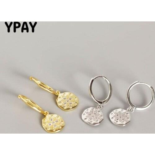 YPAY Authentic 925 Sterling Silver Earrings for Women Round Zircon Baroque Pendant Hoop Earring Jewelry Christmas Gifts YME551