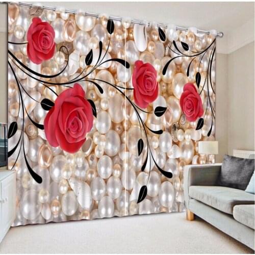 Custom Any Size 3D Curtain Blackout Pearl Curtain Red Rose Curtain Bed Room Living Room Office Hotel Cortinas