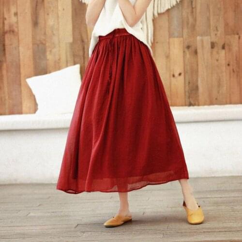 Johnature Summer Solid Color Retro Elastic Waist Lace Up Half Skirt 2021 New Loose Comfortable All-match Women Fashion Skirts
