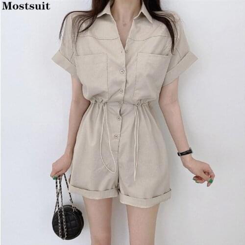Summer Casual Playsuit Women Bodysuit Rompers Short Buttons Big Pocket Turn Down Collar Drawstring Fashion Clothes 2021