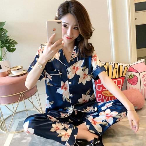 Plus Size Women Pajamas Set Summer Short Sleeve Homewear Silk Satin Sleepwear Set Elastic Pants Suit Woman Pajama 3XL 4XL 5XL