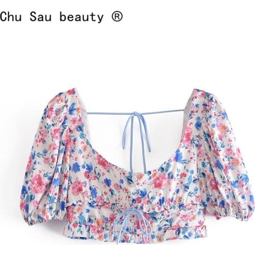 New Fashion Sweet Chic Floral Print Crop Top Women Summer Streetwear Style Sexy Backless Elastic Back Blouses Female Shirts