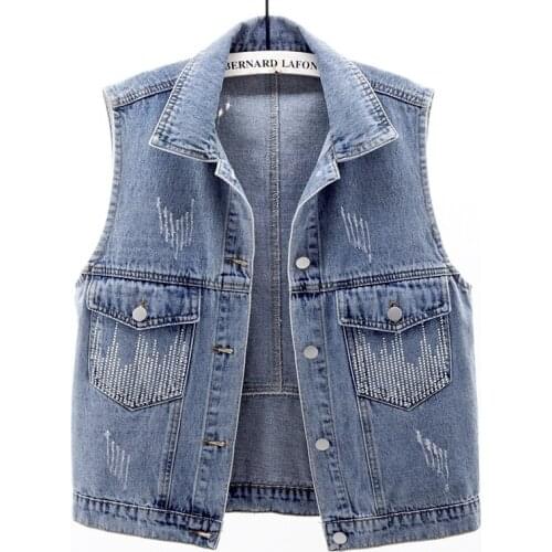 2021 Summer Vintage Blue Frayed Diamond Pocket Denim Vest Women Waistcoat Sleeveless Jacket Loose Casual Short Jeans Vest Female