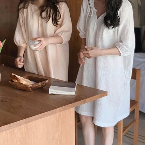 Johnature Korean Ins Comfortable Knee-length Dress For Women 2021 Spring Summer New Loose V-neck House And Home Women Dresses