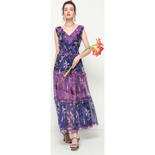 Summer dress 2021 ladies sleeveless ruffled elegant festive floral print V-neck and ankle long dress boho party dress