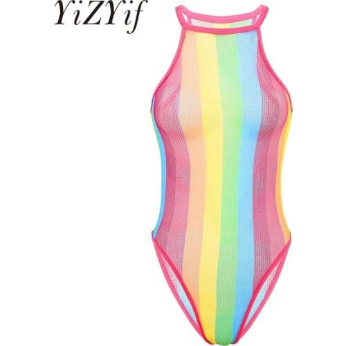 Women See-through Fishnet Bodysuit Sexy Sleeveless Halter Neck Stretchy Stripes Bodysuit Rave Party Costumes Dancing Club Wear