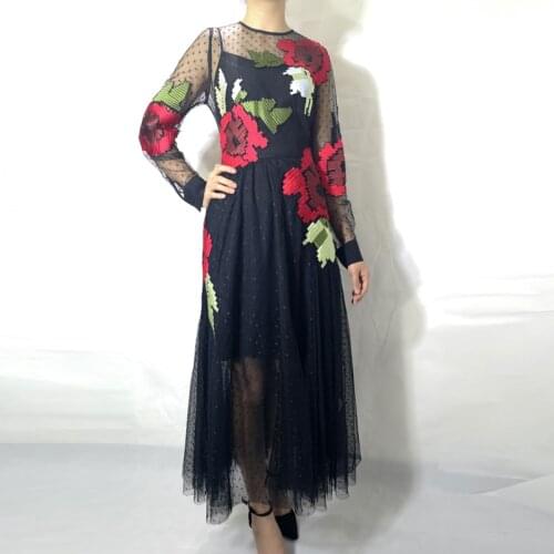 High quality 2020 fashion designer summer long dress Womens Long Sleeve Dot Mesh Embroidered Vintage Black Party Maxi dress