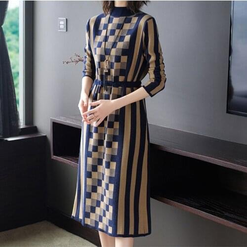 XL-4XL Winter Knitted Dress For Women 2018 Warm Sweaters Dress Female Plus Size Dresses Fashion Plaid Stripe Medium Long Style