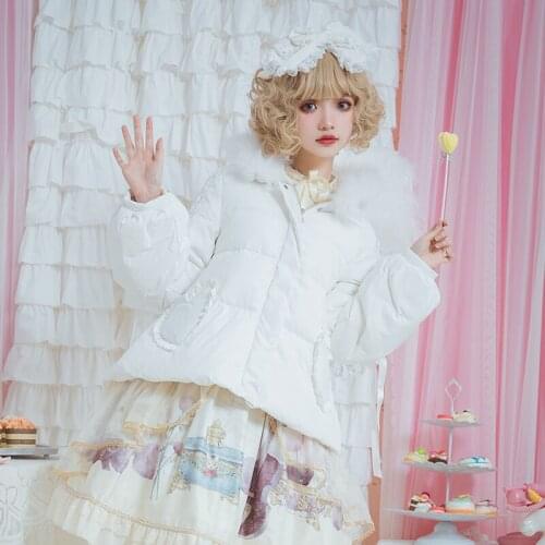 Winter princess sweet lolita coat thicken keep warm gothic lolita overcoat cute fur collar witch hat pockets kawaii down jacket