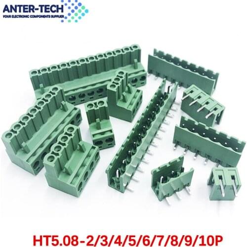 10sets HT5.08 Right Angle 2 3 4 5 6 7 8 9 10 12 pins Terminal plug type 300V 10A 5.08mm pitch PCB connector screw terminal block
