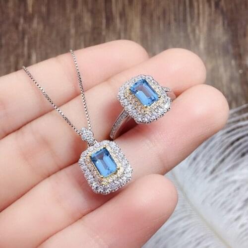 Blue Topaz Gemstone Bridal Jewelry Sets for Women 925 Sterling Silver Ring Pendant Necklace Women Wedding Engagement Jewelry