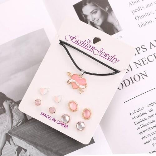 Htzzy Pink Color Cute Arrow Heart Pendant Necklace Crystal Earrings Jewelry Set Gifts for Women(1 Necklace+4 Pairs Earrings)