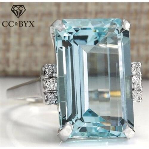 CC Rings-For-Women S925 Silver Jewelry Big Cubic Zirconia Blue Square Stone Ringen Bride Wedding Temperament Bijouterie CC1377