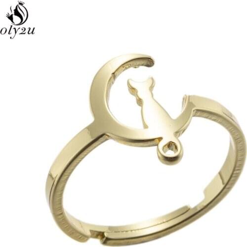 Stainless Steel Cat on the Moon Finger Rings Cute Fashion Jewelry for Women Young Girl Child Gift Adjustable Ring wholesale