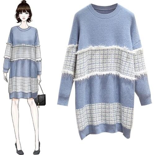 Fashion Plaid Patchwork Plus Size Womens Autumn Winter New Knit Pullover Loose Mid-length Sweater Dress kobieta sukienka y013