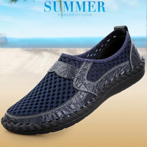 Large Size Mens Sandals, Mens Cowhide, Crocodile Pattern, Breathable Mesh Shoes, Mens Shoes, Leather Mesh, Mesh Shoes