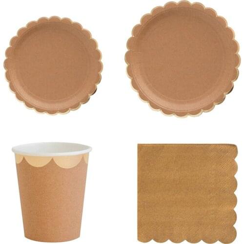 Party Pure Kraft Paper Themed Disposable Tableware Set Paper Plates Cups Straw Napkins Party Wedding Carnival Tableware Supplies