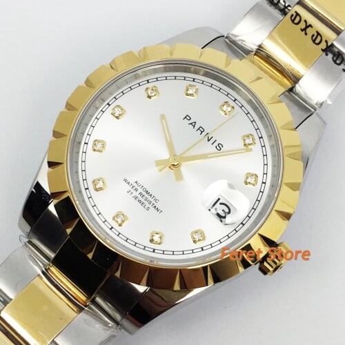 Parnis 39mm 2020 New Top gold Case Sapphire Crystal white Dial Date Window 21 Jewelry Miyota Movement Automatic Mens Watch
