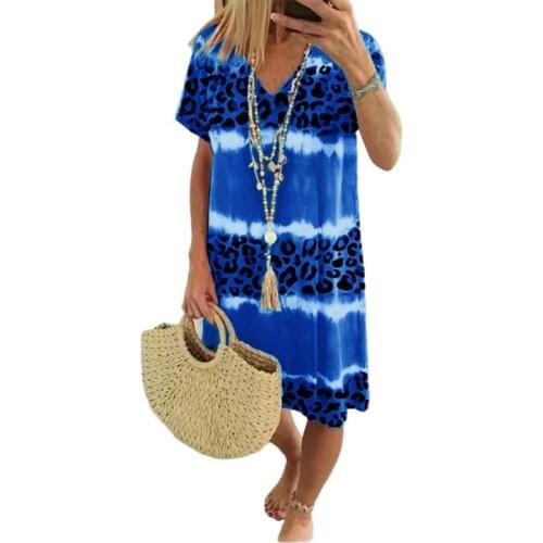 Fashion Leopard Striped Print A-line Dress Boho Beach Party Dress Short Sleeve V-neck Casual Loose Dress Vestidos Summer Clothes