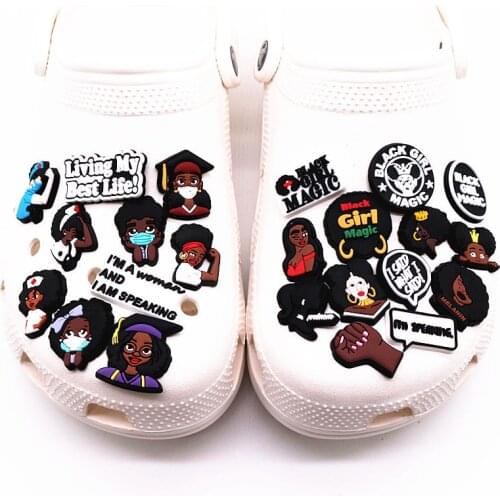 10/25PCS Random Black Girl Magic PVC Decoration Black Human Rights Shoe Charms for Croc charm jibz Kids Party X-mas Gifts