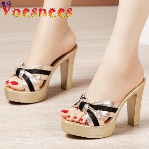 Stripes Mixed Colors Women Shoes Office Lady Slippers Comfortable Peep Toe Square Heel Sandals Cross Belt Platform High Heels