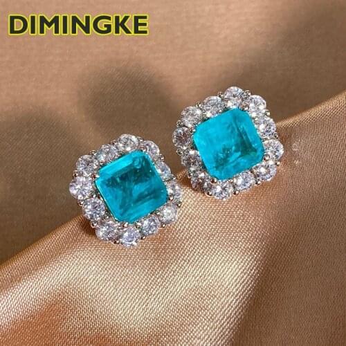 DIMINGKE Jewelry 100%-S925 Sterling Silver 7*7 Square Paraiba Tourmaline Stud Earrings Wedding Party Birthday Woman Gift
