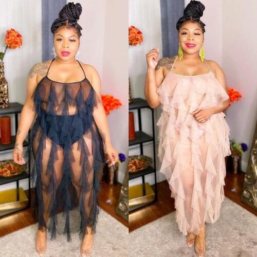 Plus Size Mesh Sheer Birthday Dress for Women Club Wear Elegant Maxi Dress Ruffles Wedding Party Night Sexy Club Long Dress Robe