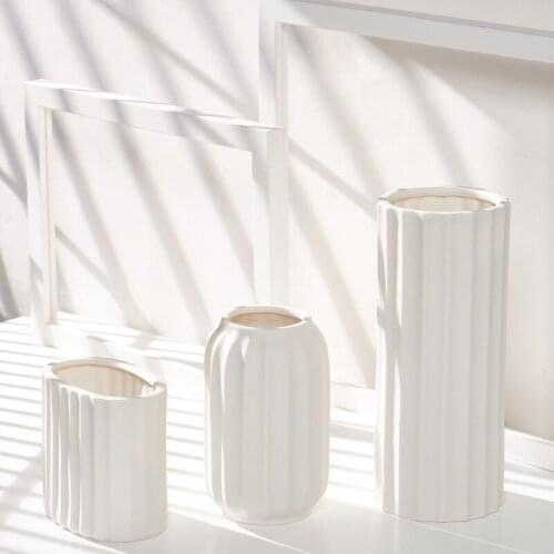 Nordic white striped ceramic dried flower vase home decoration living room dining table study flower arrangement ornaments