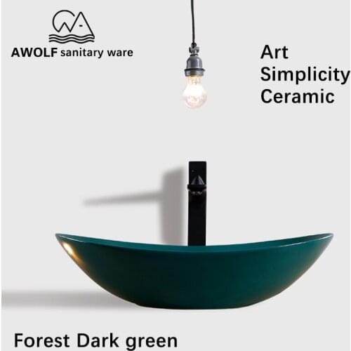 Bathroom Sinks 600*360*130mm Oval Basin Sink Chic Ceramic Vessel Art Dark Green With Pop Up Drain Solf Hose Washing AM804