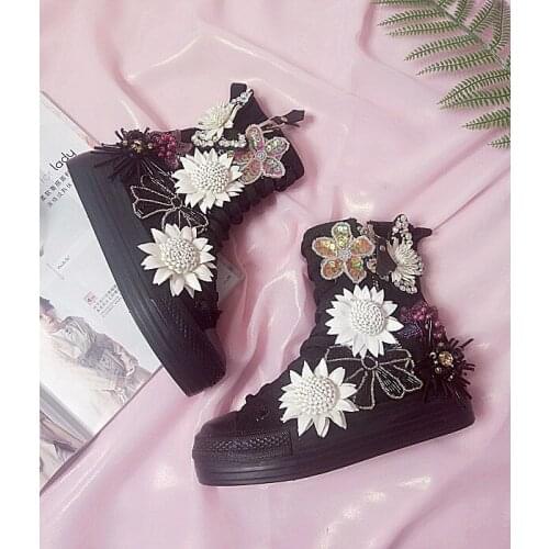 New lace-up high-top canvas shoes, bow-knot beaded handmade Korean style thick-soled womens shoes