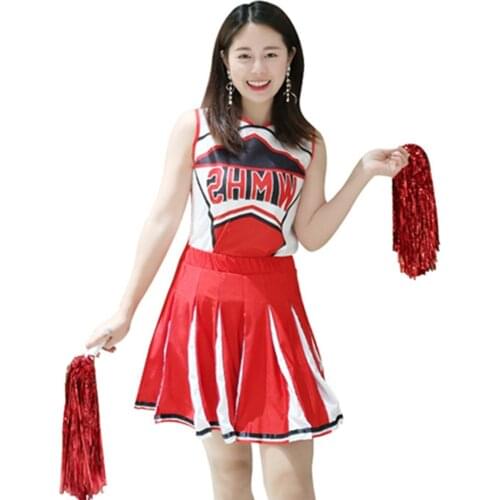 New Womens Cheerleader Dress With Pom Poms School Girls Musical Party Halloween Cheer Leader Costume Fancy Dress Sports Uniform