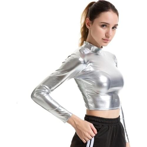 YSDNCHI Ladies Short Top Sexy Women Clubwear Shiny Leather Shirt Long Sleeve Turtleneck Tshirt