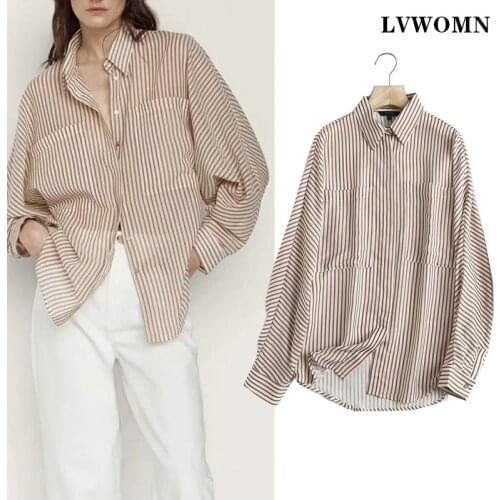 LVWOMN Za Women Summer Blouse 2021 Fashion Stripe Long Sleeve Loose Top Women Clothing Casual Pocket Chic Buttons Female Shirt