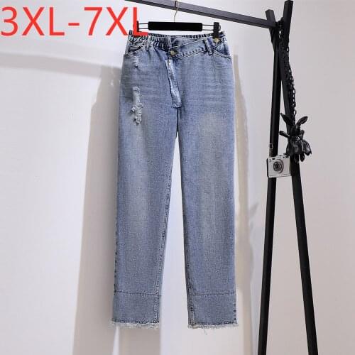 New 2020 Ladies Autumn Winter Plus Size Jeans For Women Large Loose Cotton Pocket Hole Blue Denim Trousers 3XL 4XL 5XL 6XL 7XL