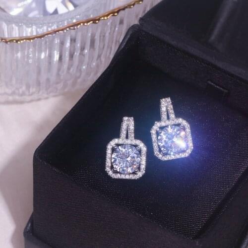 Luxury Shining Female Zircon Stone Stud Earrings Trendy Silver Color Square Stud Earrings Wedding Bridal Jewelry Accessories