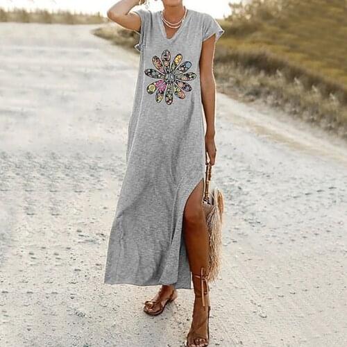 Ropa mujer verano 2021 Ladies flower print beach long sundress sukienka Women casual short sleeve side slit dresses robe femme