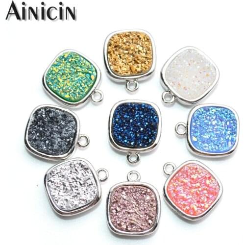 10pcs Natural Druzy Crystal Square Shape 12x15mm Jewelry Making Charms Silver Metal Shine Findings Blue green white silver black