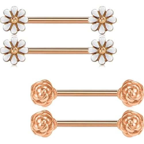 14G 5/8 inch Stainless Steel Pair of Cute Daisy and Rose Flower Nipple Barbell Ring Nipple Bar Piercing Jewelry