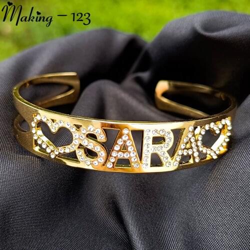 Personalized Custom Cuff Bangles Customized Name Bracelet With Diamon Letter Stainless Steel Jewelry Charm Bracelets For Women