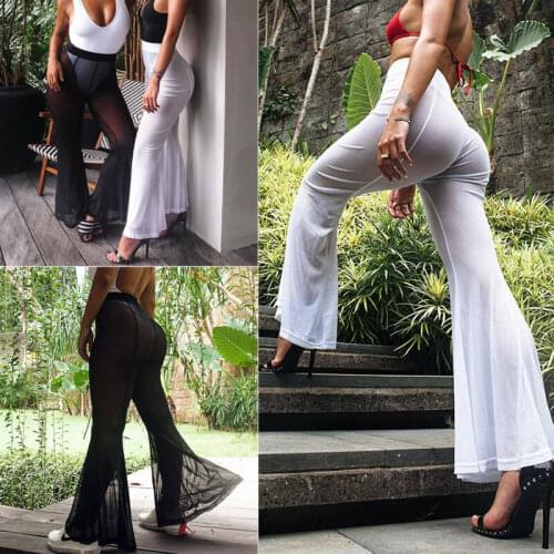 See Through Flared Leg Pants Women Sexy High Waist Mesh Summer Beach Club Long Loose Casual Trousers Fashion