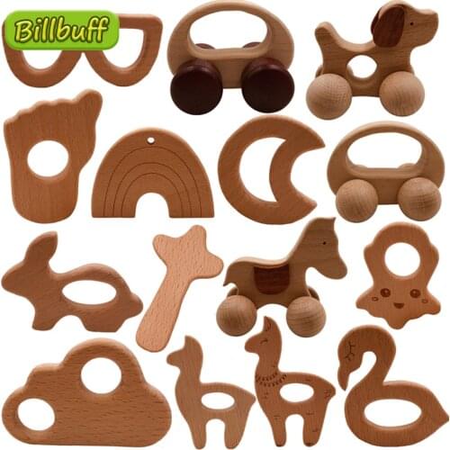 Baby Teether Wooden Animal Car Rabbit Pacifier Pendant BPA Free Beech Dog Rodent Gym Accessories Teeth Toys Pendant Newborn Gift