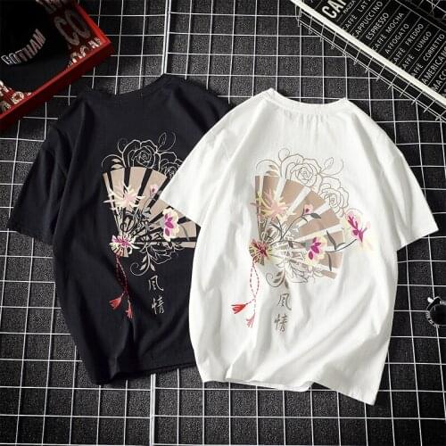 Summer Mens Cotton Short Sleeve T-shirt Chinese Style Print Black White Casual Oversize O-Neck