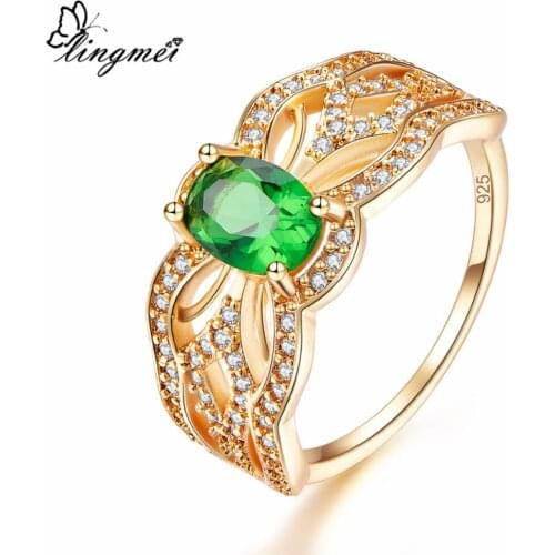 Lingmei Fashion OvalWomen Men OvalGreenWhite Zircon Yellow goldplated Ring Size 6-9 Wedding Jewelry